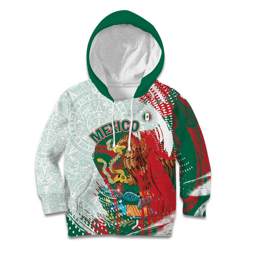 Mexico Football Custom Kid Hoodie El Tri Aztec Calendar Brush Style