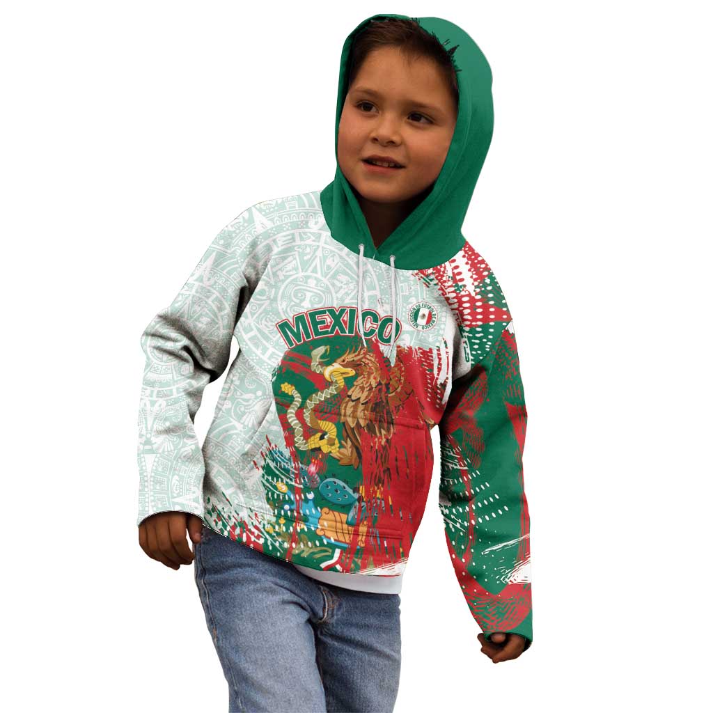 Mexico Football Custom Kid Hoodie El Tri Aztec Calendar Brush Style