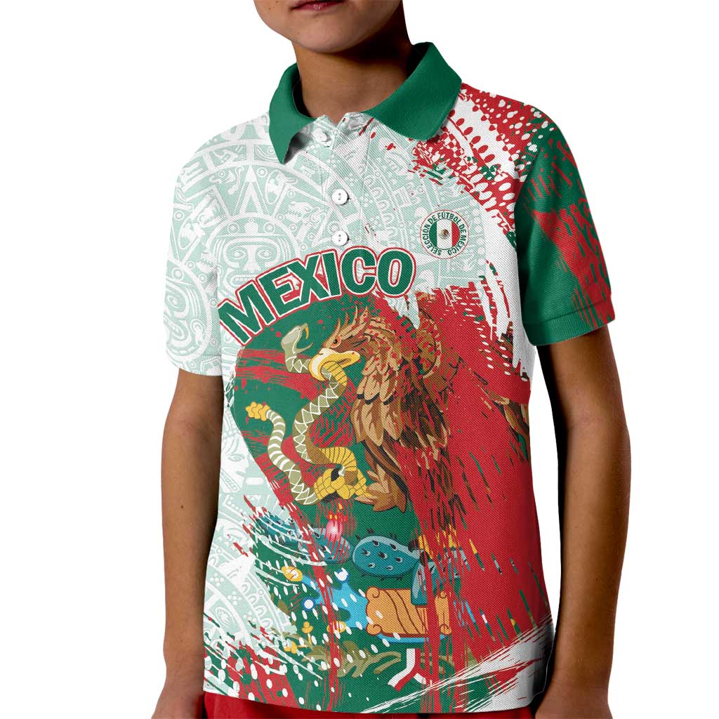 Mexico Football Custom Kid Polo Shirt El Tri Aztec Calendar Brush Style