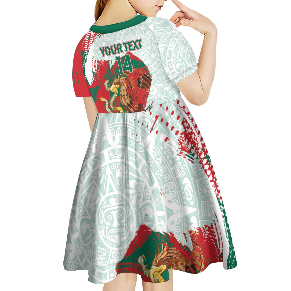 Mexico Football Custom Kid Short Sleeve Dress El Tri Aztec Calendar Brush Style