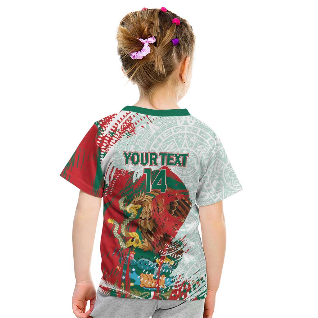 Mexico Football Custom Kid T Shirt El Tri Aztec Calendar Brush Style