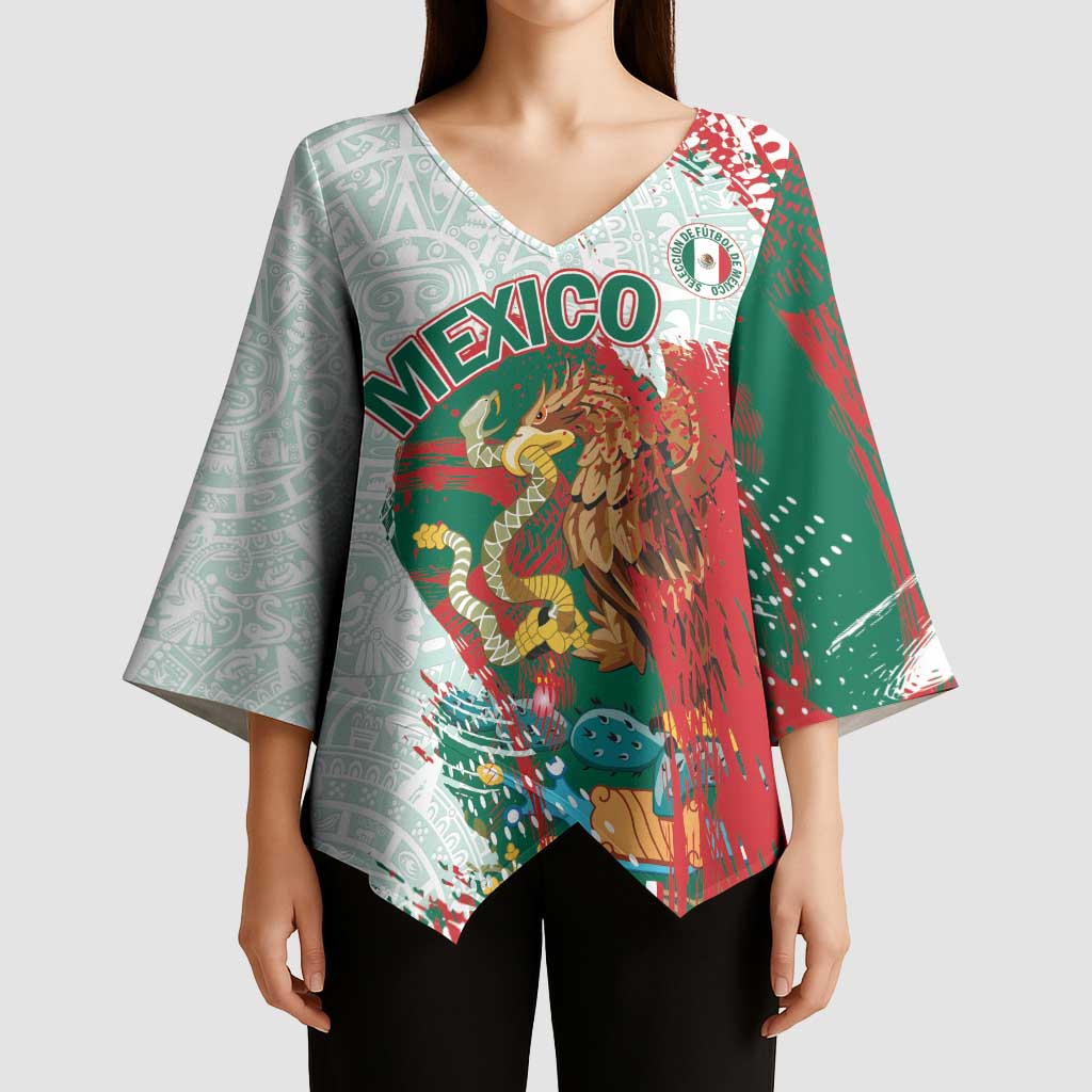 Mexico Football Custom Kimono Sleeve Blouse El Tri Aztec Calendar Brush Style