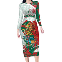 Mexico Football Custom Long Sleeve Bodycon Dress El Tri Aztec Calendar Brush Style
