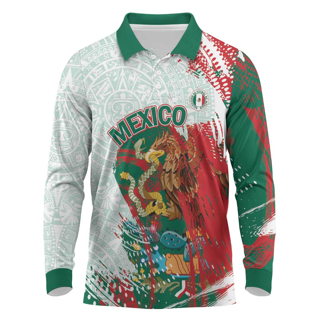 Mexico Football Custom Long Sleeve Polo Shirt El Tri Aztec Calendar Brush Style