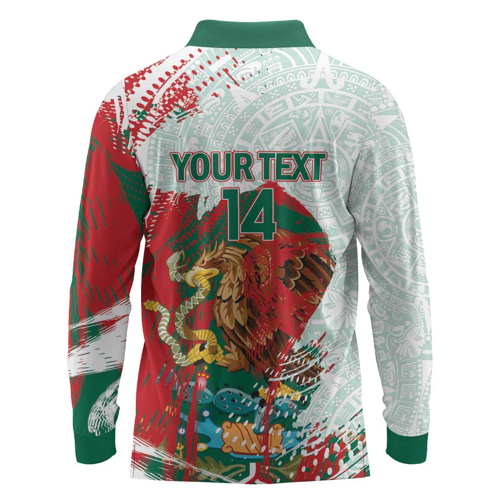 Mexico Football Custom Long Sleeve Polo Shirt El Tri Aztec Calendar Brush Style