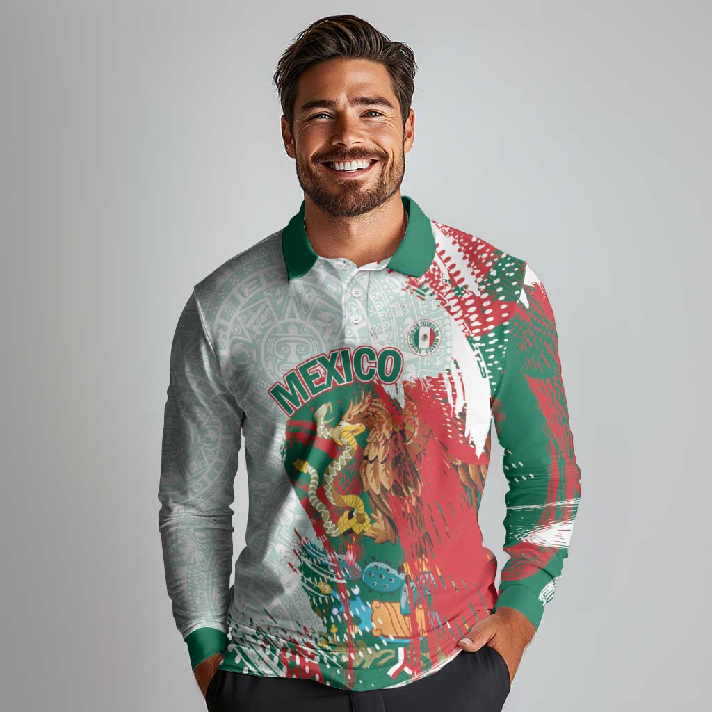 Mexico Football Custom Long Sleeve Polo Shirt El Tri Aztec Calendar Brush Style