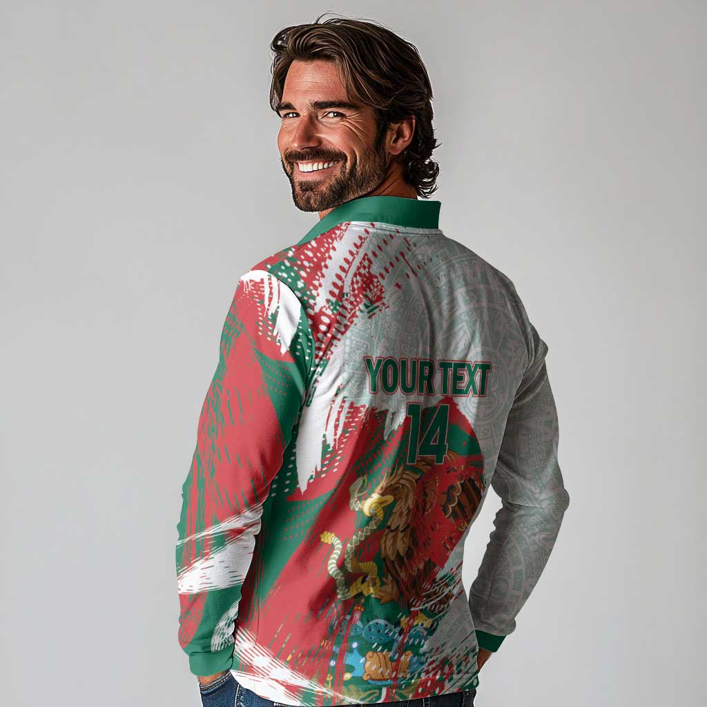 Mexico Football Custom Long Sleeve Polo Shirt El Tri Aztec Calendar Brush Style
