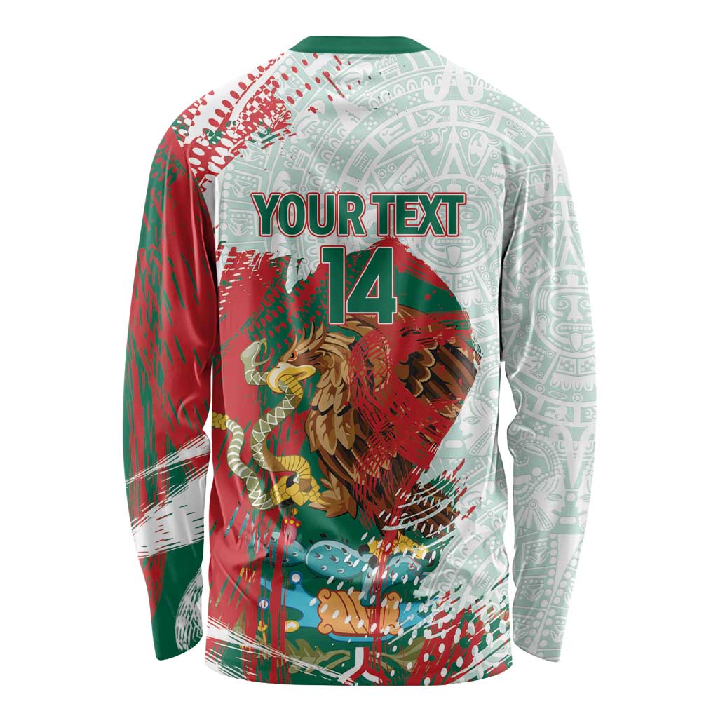 Mexico Football Custom Long Sleeve Shirt El Tri Aztec Calendar Brush Style