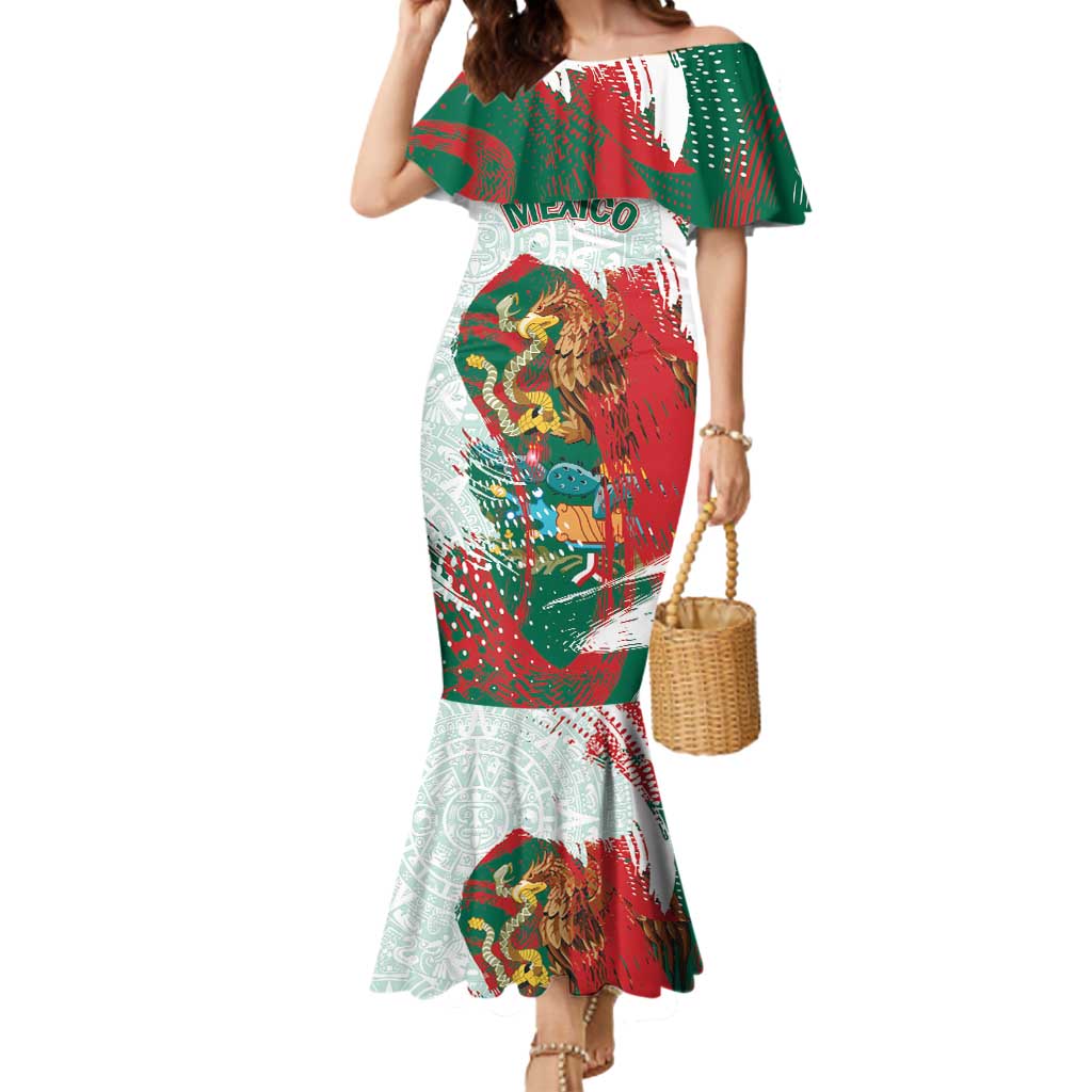 Mexico Football Custom Mermaid Dress El Tri Aztec Calendar Brush Style