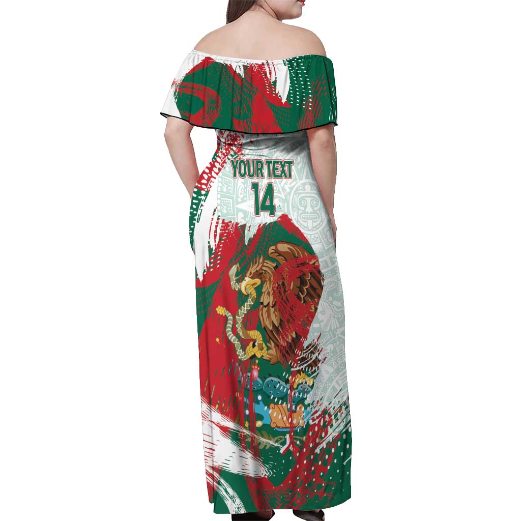 Mexico Football Custom Off Shoulder Maxi Dress El Tri Aztec Calendar Brush Style