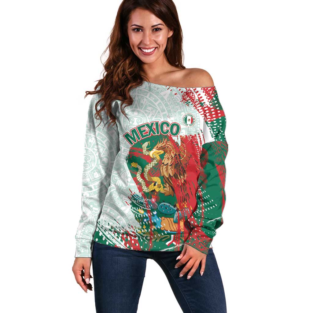 Mexico Football Custom Off Shoulder Sweater El Tri Aztec Calendar Brush Style