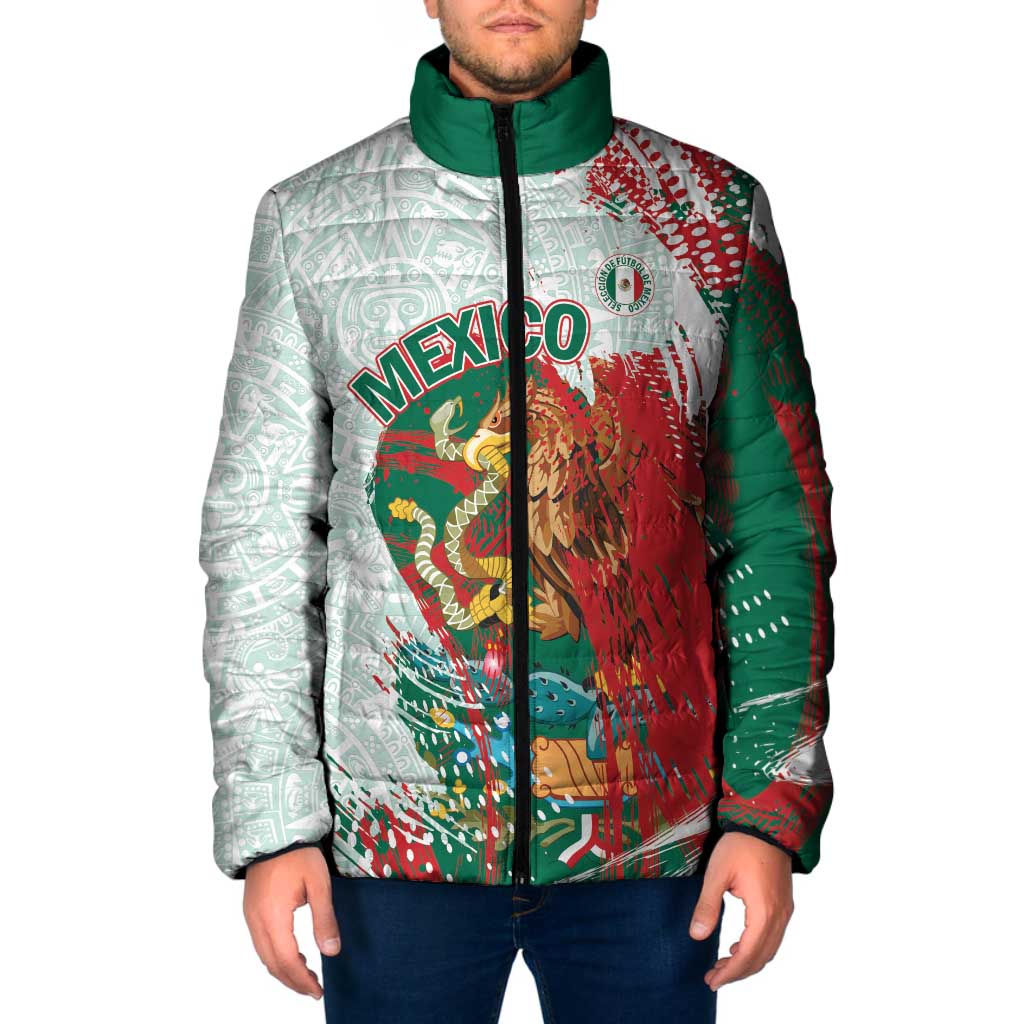 Mexico Football Custom Padded Jacket El Tri Aztec Calendar Brush Style