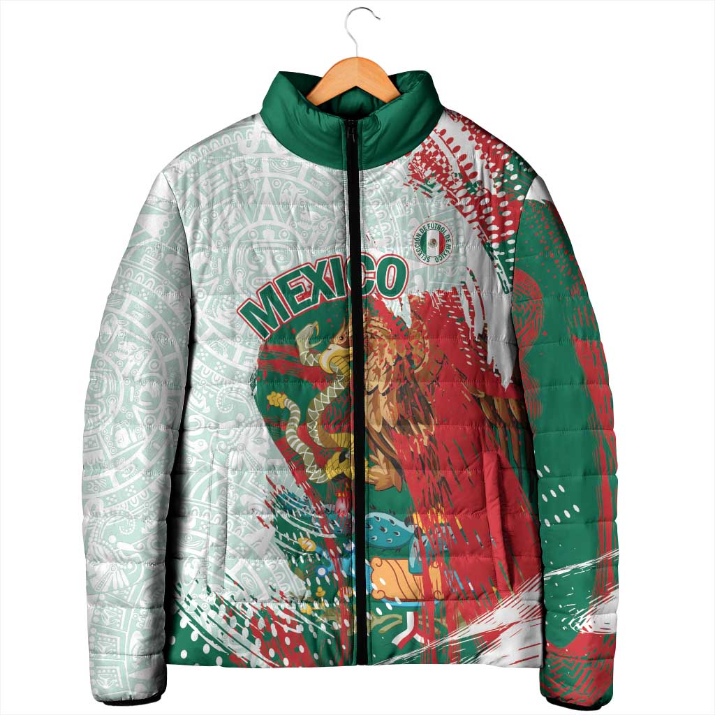 Mexico Football Custom Padded Jacket El Tri Aztec Calendar Brush Style