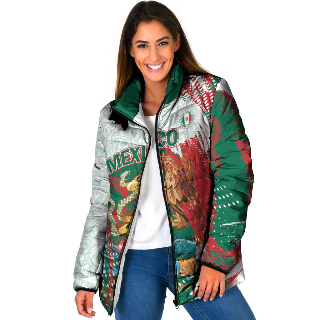 Mexico Football Custom Padded Jacket El Tri Aztec Calendar Brush Style