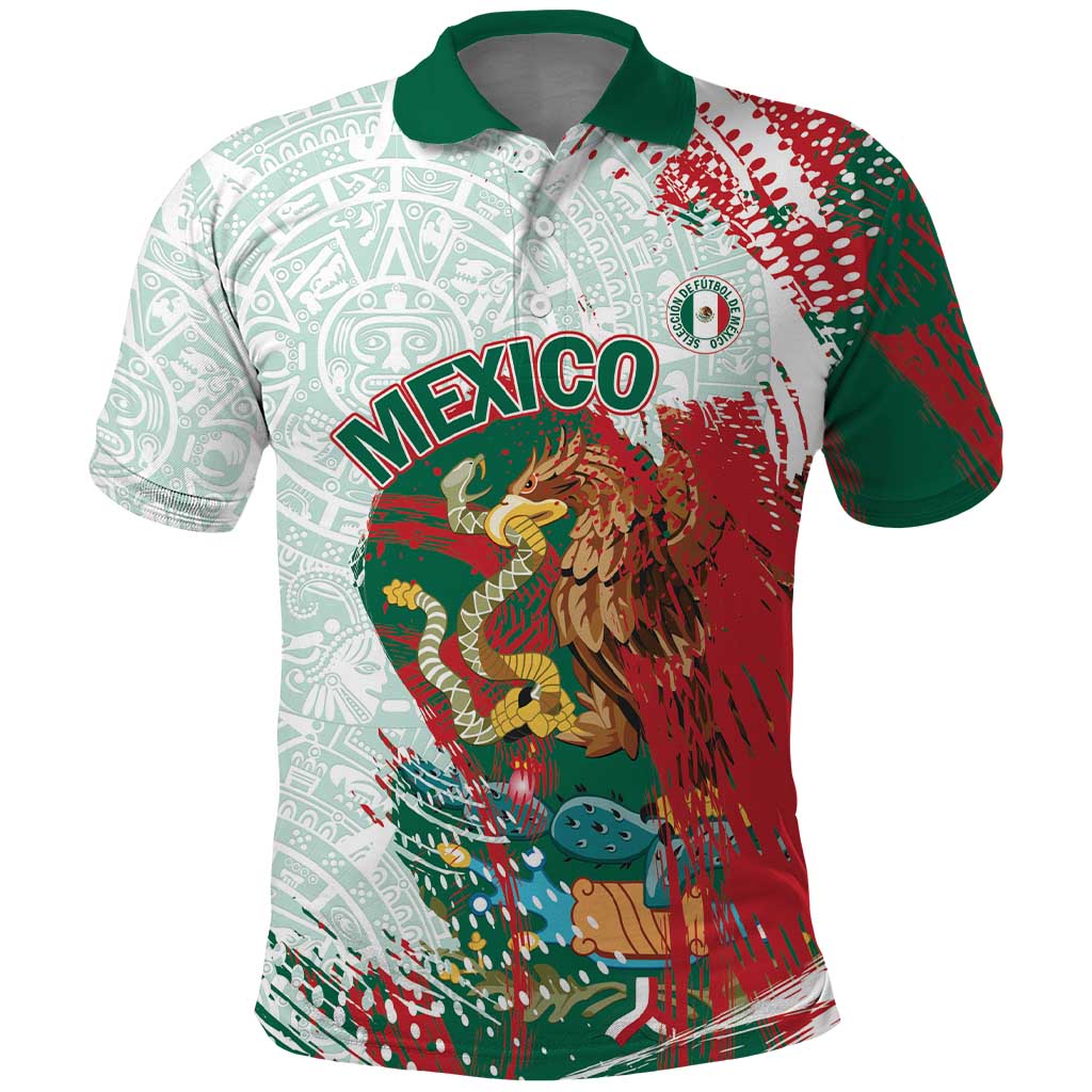 Mexico Football Custom Polo Shirt El Tri Aztec Calendar Brush Style