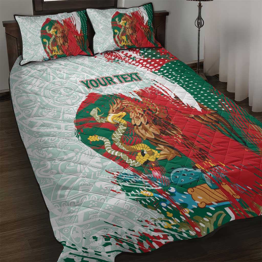 Mexico Football Custom Quilt Bed Set El Tri Aztec Calendar Brush Style