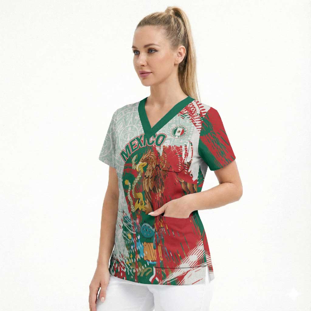Mexico Football Custom Scrub Top El Tri Aztec Calendar Brush Style