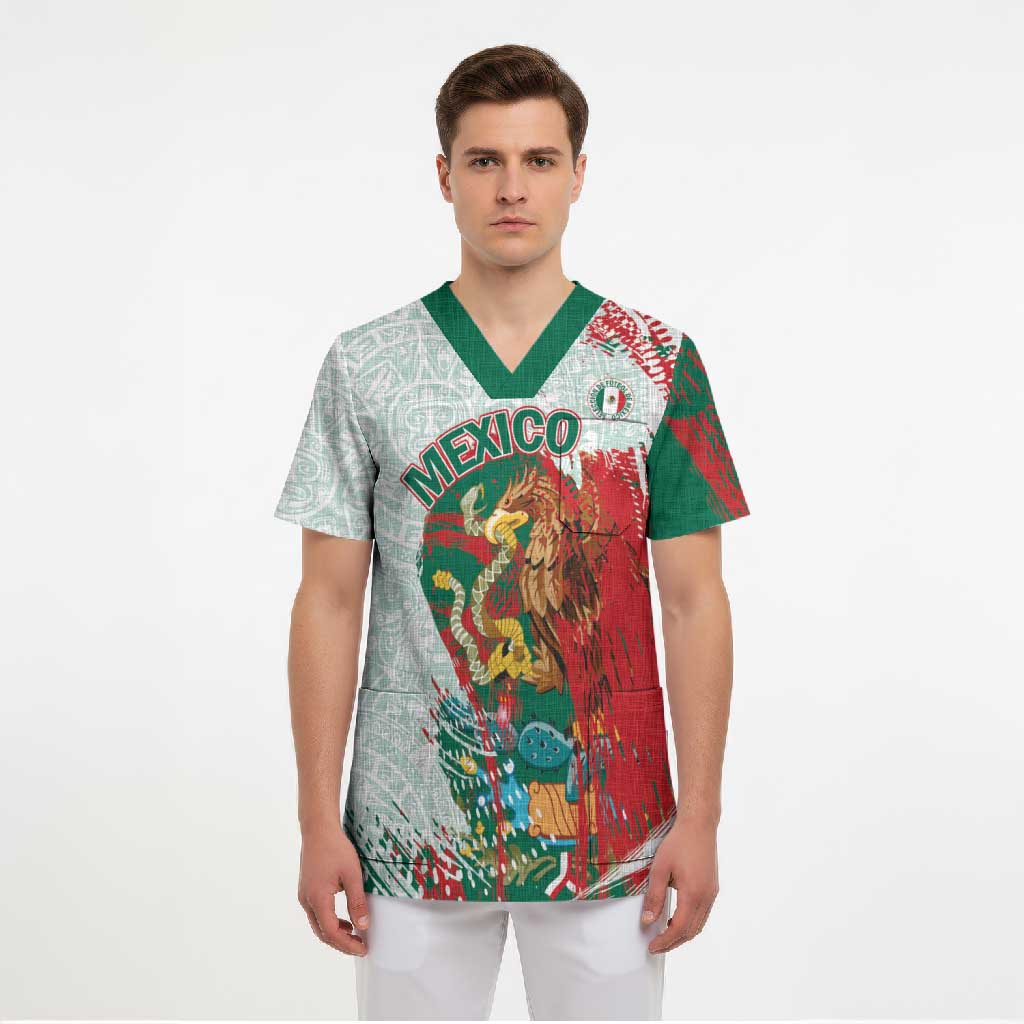 Mexico Football Custom Scrub Top El Tri Aztec Calendar Brush Style