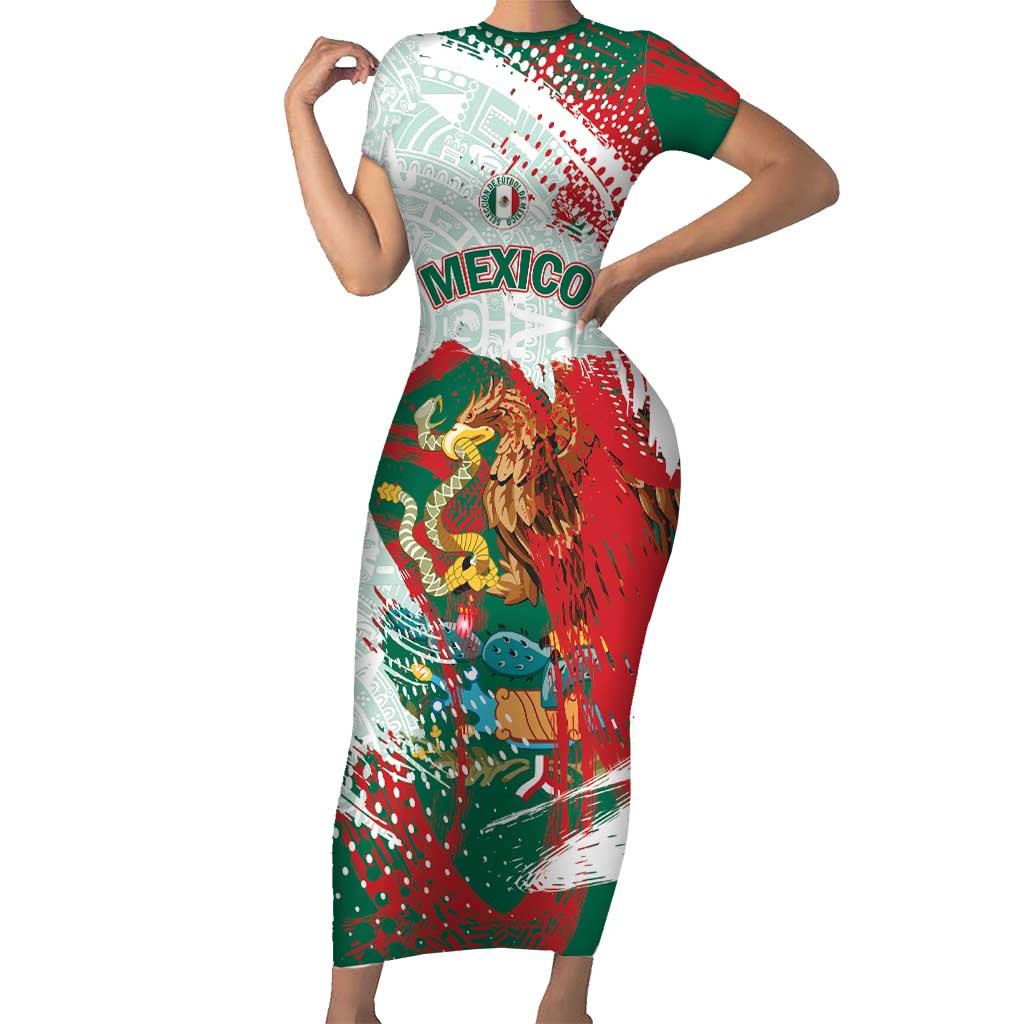 Mexico Football Custom Short Sleeve Bodycon Dress El Tri Aztec Calendar Brush Style