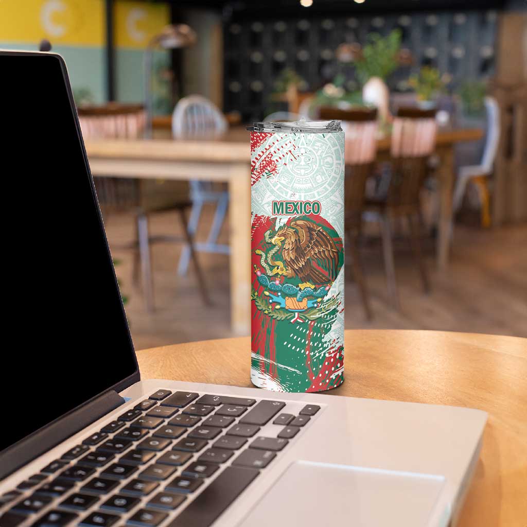 Mexico Football Custom Skinny Tumbler El Tri Aztec Calendar Brush Style