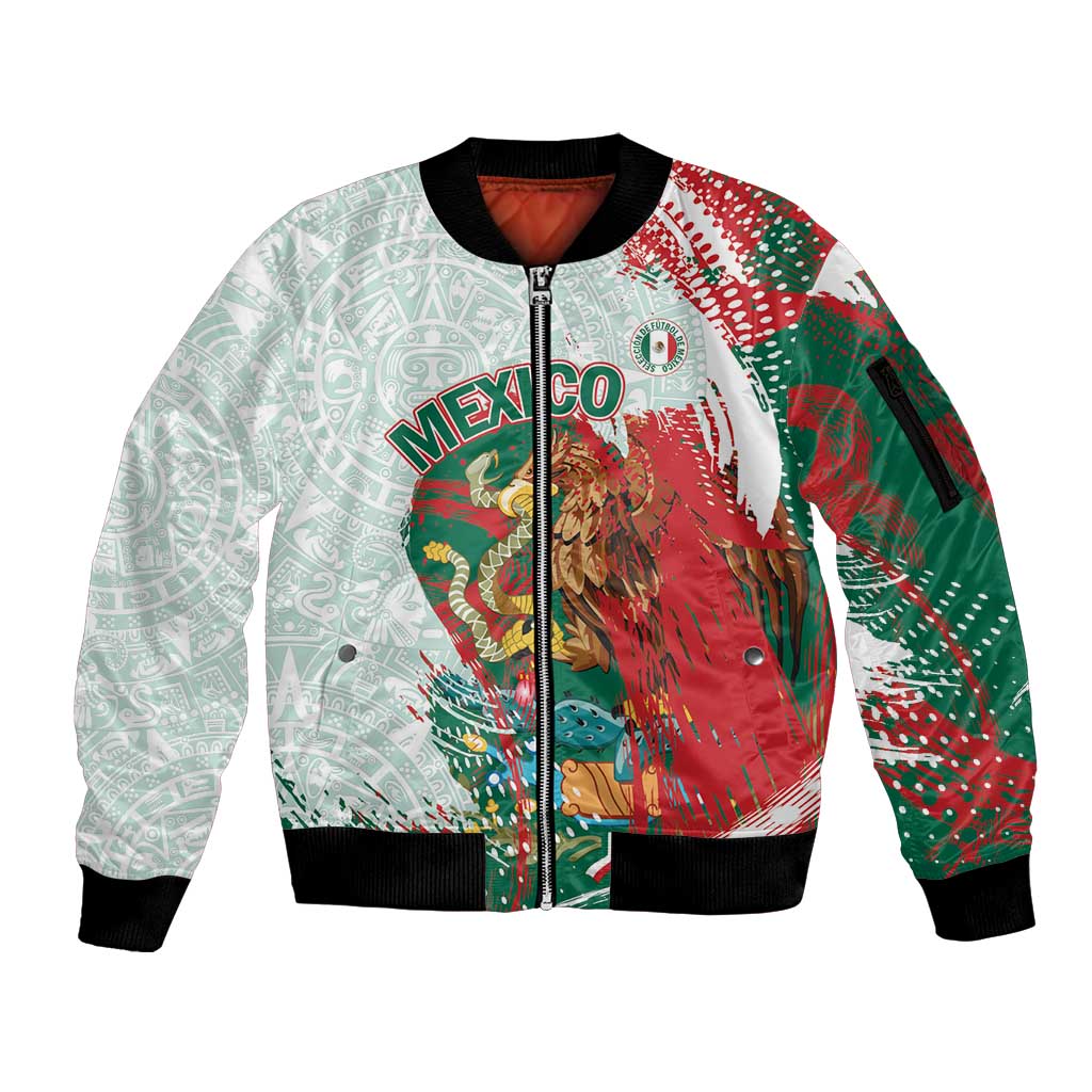 Mexico Football Custom Sleeve Zip Bomber Jacket El Tri Aztec Calendar Brush Style