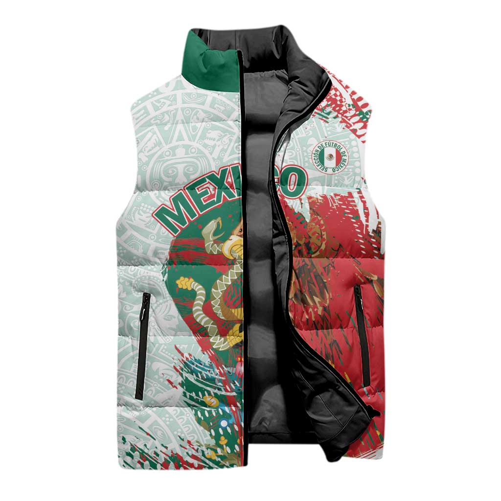 Mexico Football Custom Sleeveless Puffer Jacket El Tri Aztec Calendar Brush Style
