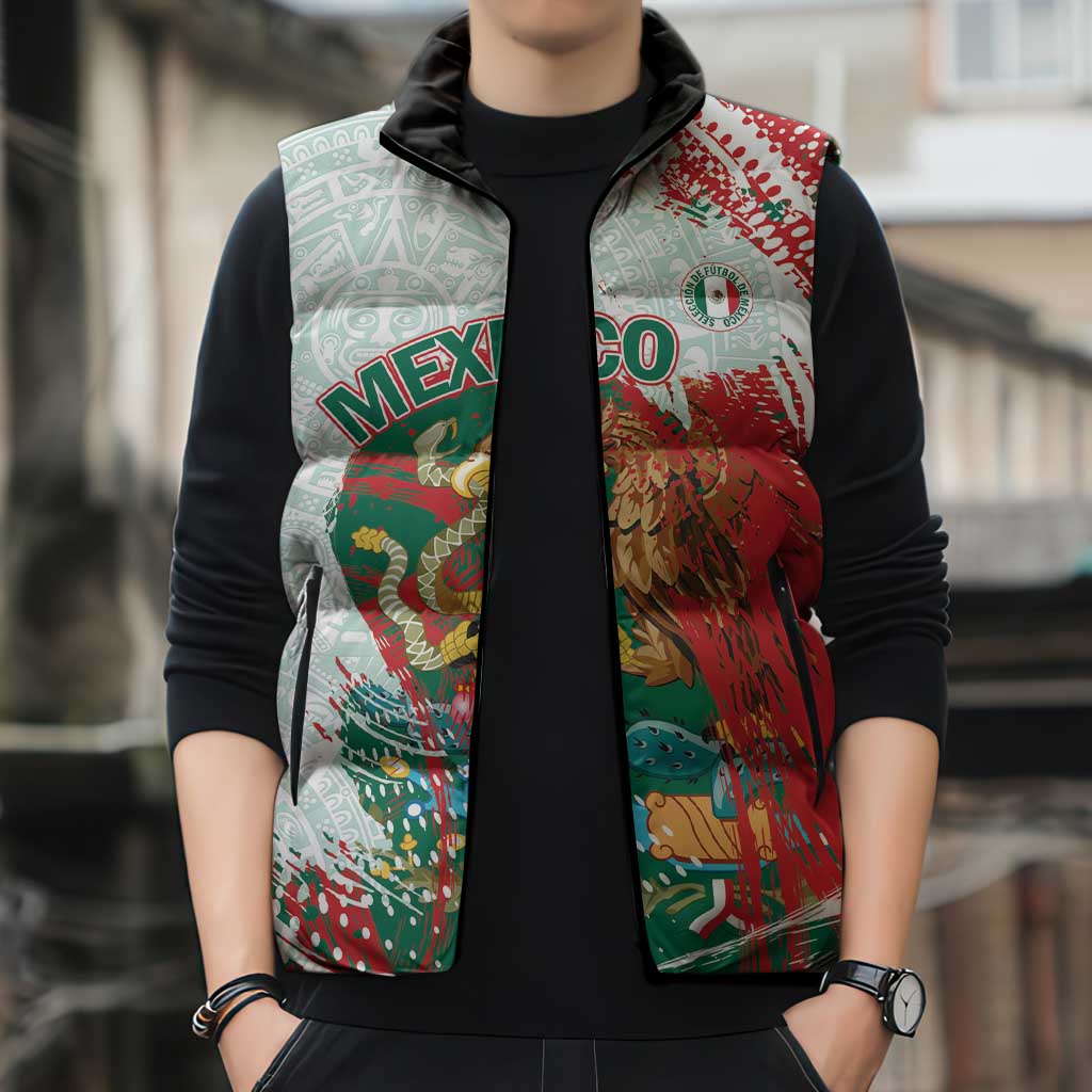 Mexico Football Custom Sleeveless Puffer Jacket El Tri Aztec Calendar Brush Style