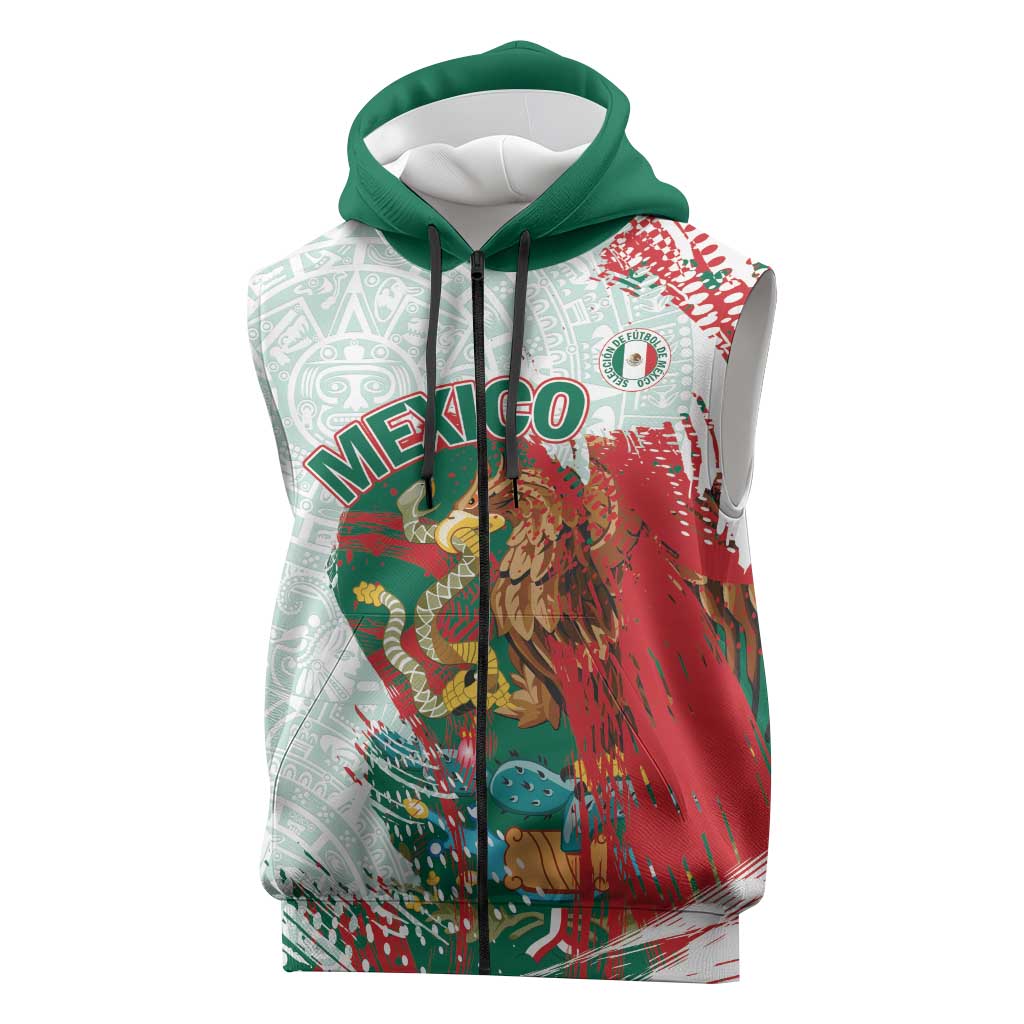 Mexico Football Custom Sleeveless Zip Hoodie El Tri Aztec Calendar Brush Style