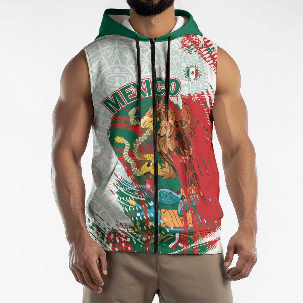 Mexico Football Custom Sleeveless Zip Hoodie El Tri Aztec Calendar Brush Style