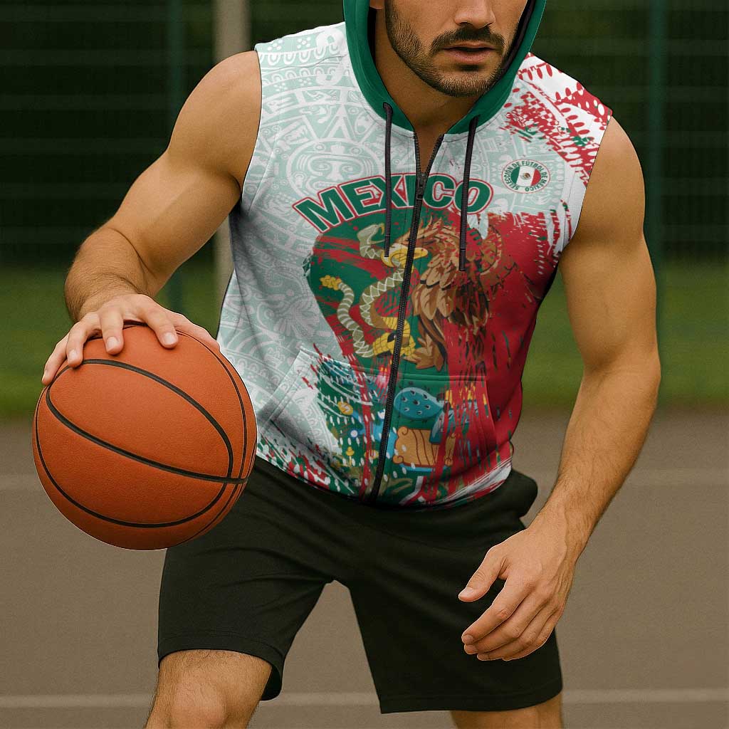 Mexico Football Custom Sleeveless Zip Hoodie El Tri Aztec Calendar Brush Style