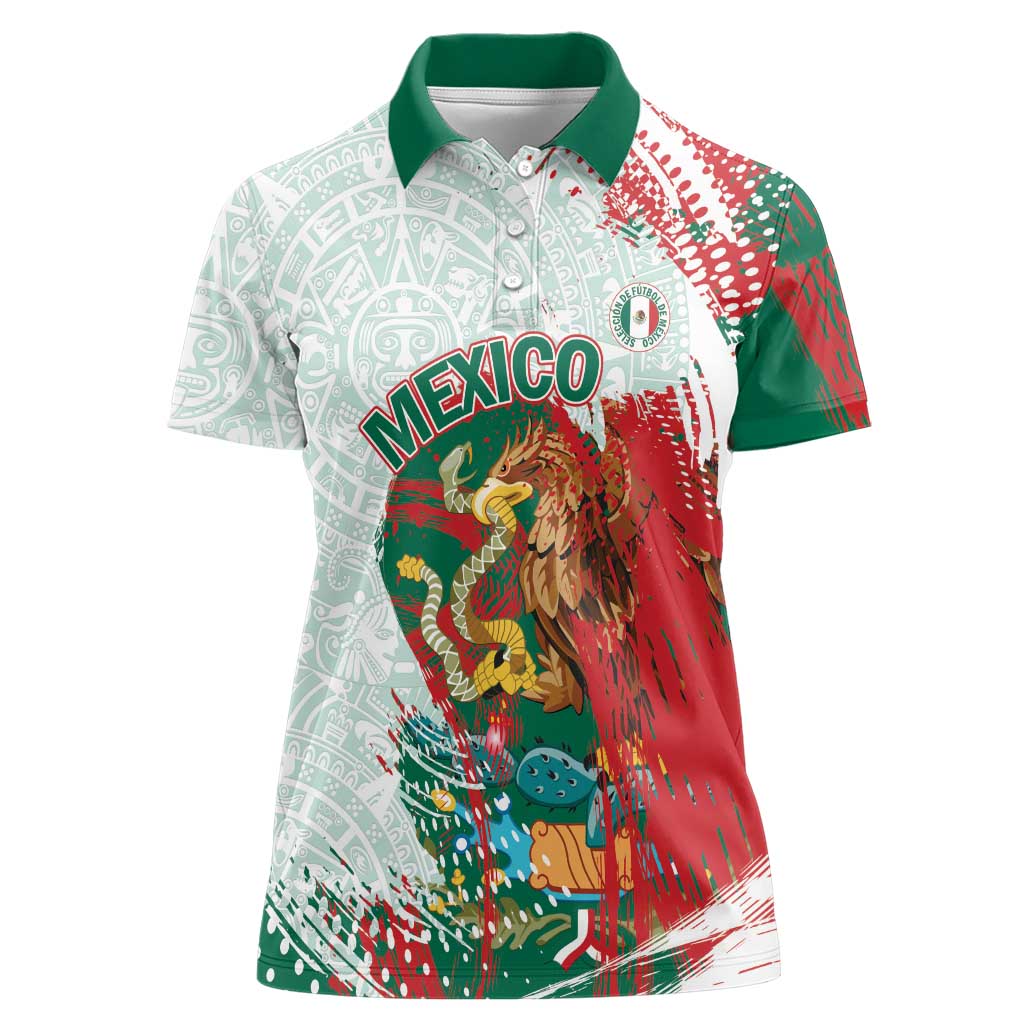 Mexico Football Custom Women Polo Shirt El Tri Aztec Calendar Brush Style