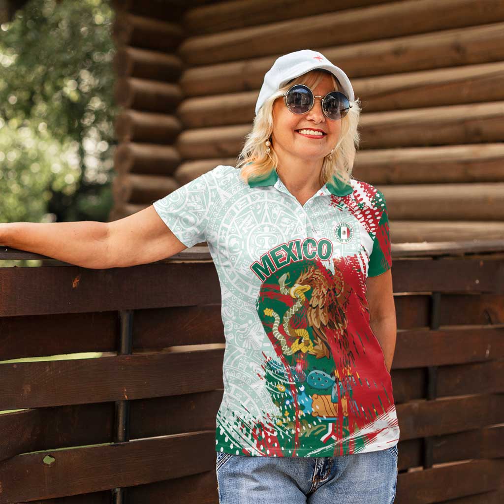 Mexico Football Custom Women Polo Shirt El Tri Aztec Calendar Brush Style