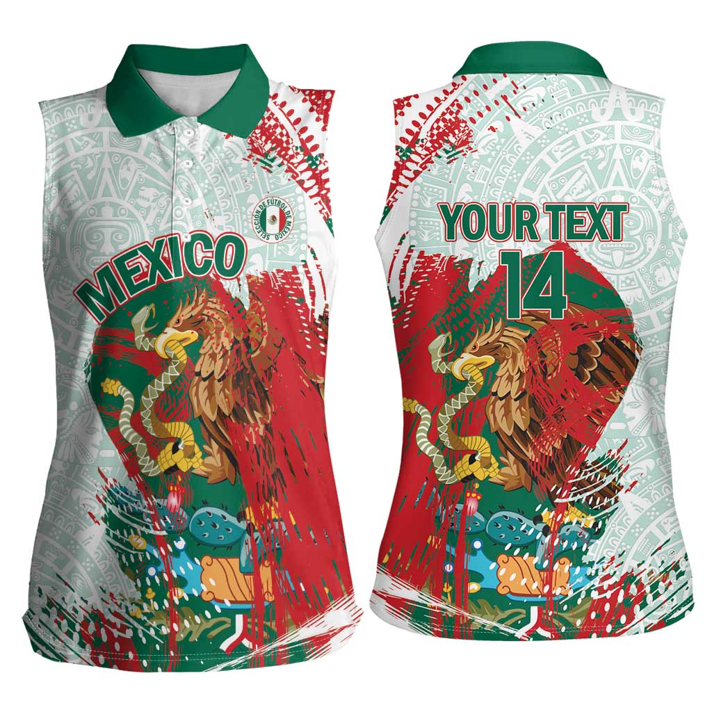Mexico Football Custom Women Sleeveless Polo Shirt El Tri Aztec Calendar Brush Style