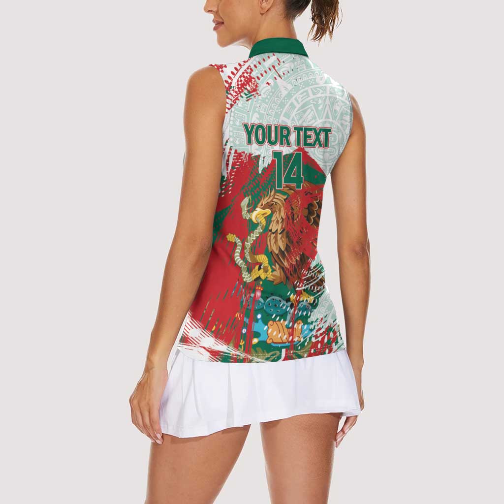 Mexico Football Custom Women Sleeveless Polo Shirt El Tri Aztec Calendar Brush Style