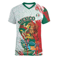 Mexico Football Custom Women V-Neck T-Shirt El Tri Aztec Calendar Brush Style