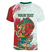 Mexico Football Custom Women V-Neck T-Shirt El Tri Aztec Calendar Brush Style