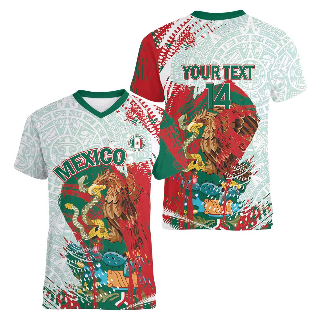 Mexico Football Custom Women V-Neck T-Shirt El Tri Aztec Calendar Brush Style