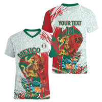 Mexico Football Custom Women V-Neck T-Shirt El Tri Aztec Calendar Brush Style