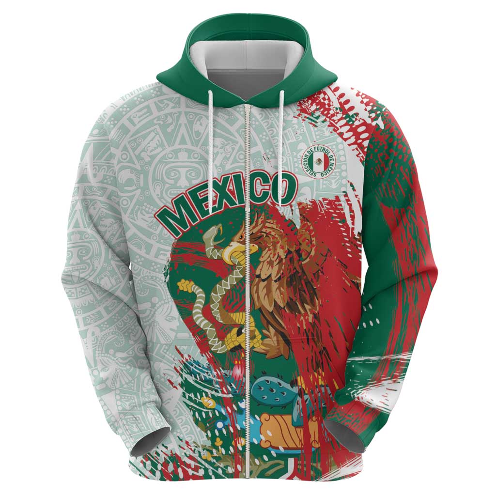 Mexico Football Custom Zip Hoodie El Tri Aztec Calendar Brush Style