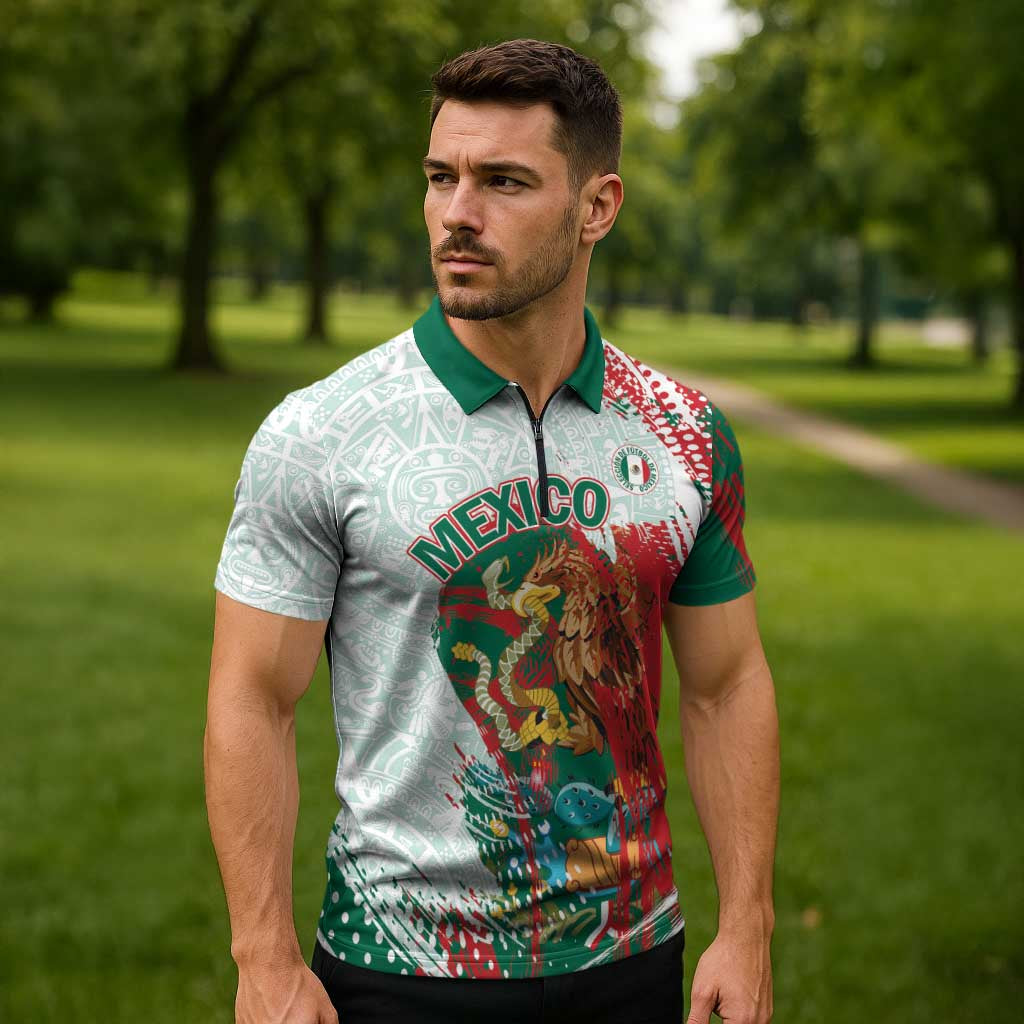 Mexico Football Custom Zipper Polo Shirt El Tri Aztec Calendar Brush Style