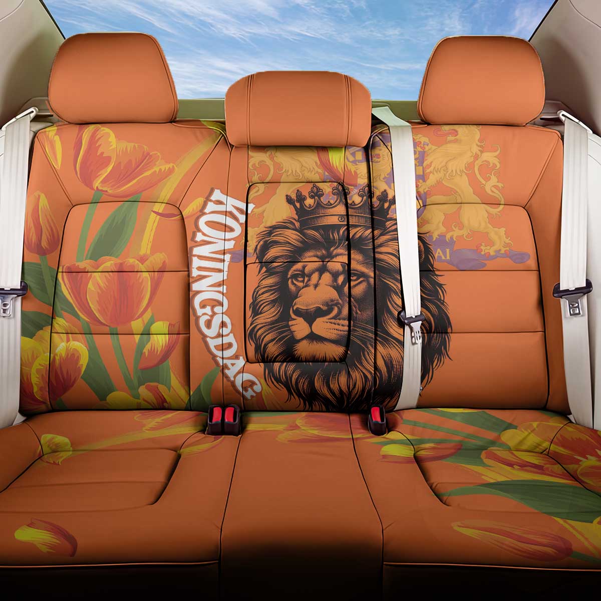 Nederland Fijne Koningsdag Back Car Seat Cover Netherlands Lion With Orange Tulips