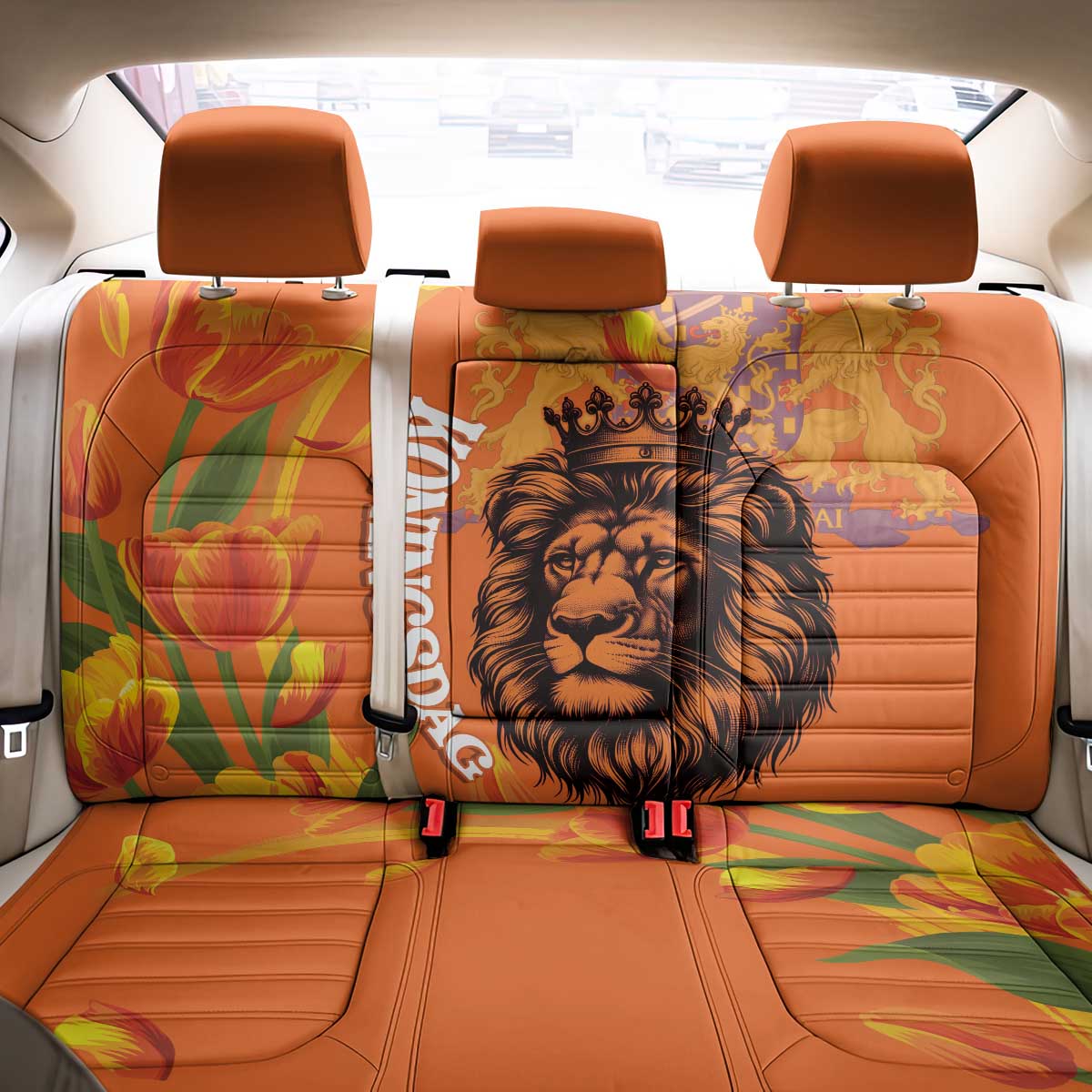 Nederland Fijne Koningsdag Back Car Seat Cover Netherlands Lion With Orange Tulips