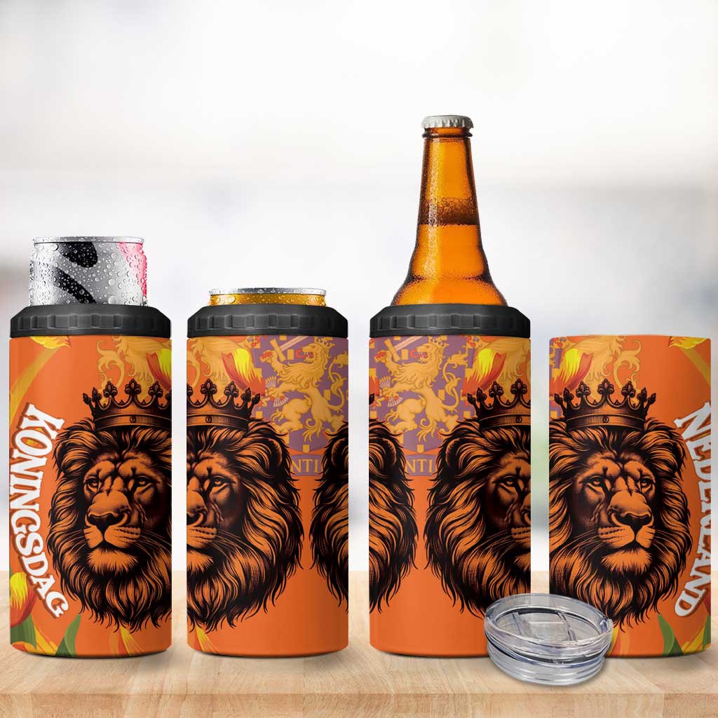Nederland Fijne Koningsdag 4 in 1 Can Cooler Tumbler Netherlands Lion With Orange Tulips
