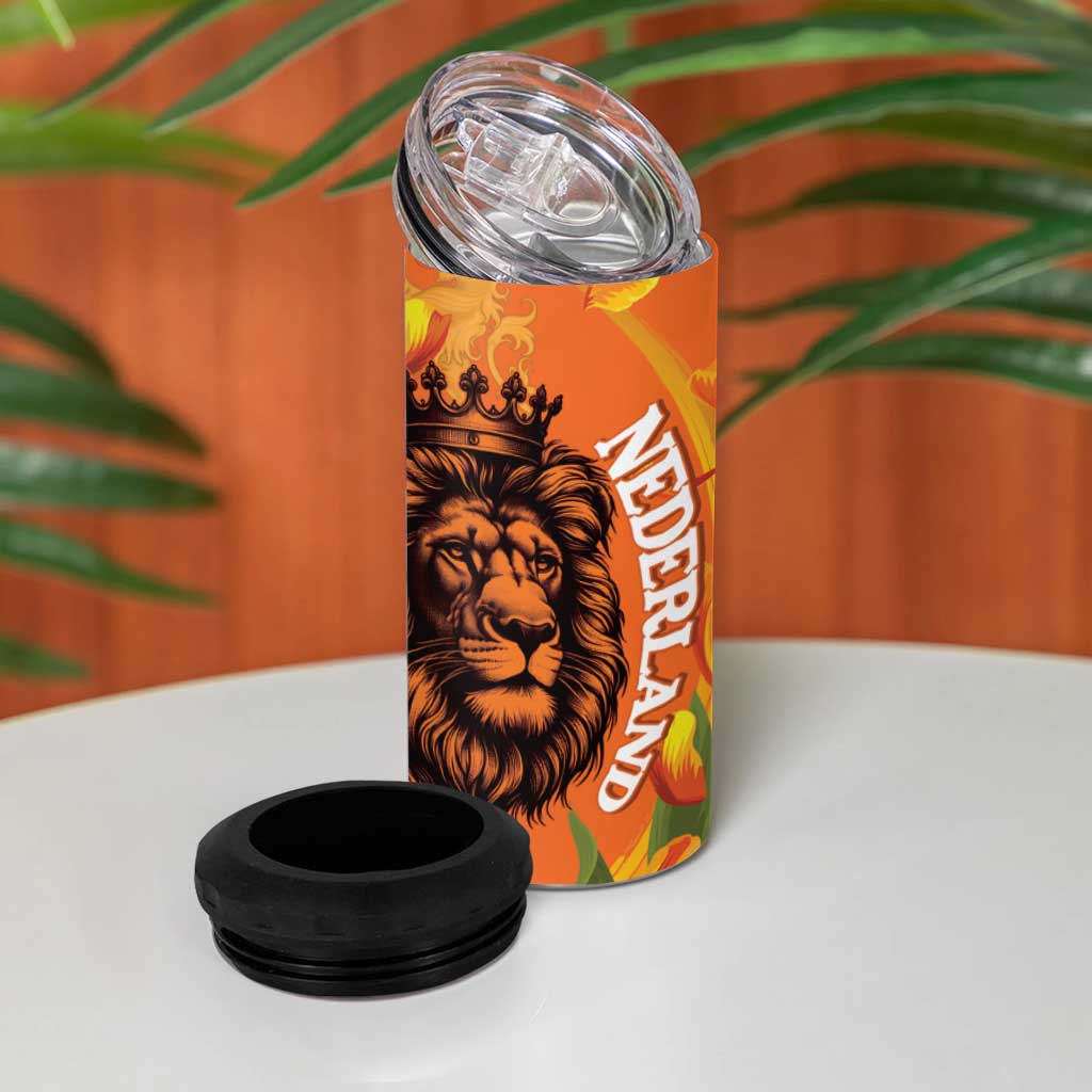 Nederland Fijne Koningsdag 4 in 1 Can Cooler Tumbler Netherlands Lion With Orange Tulips