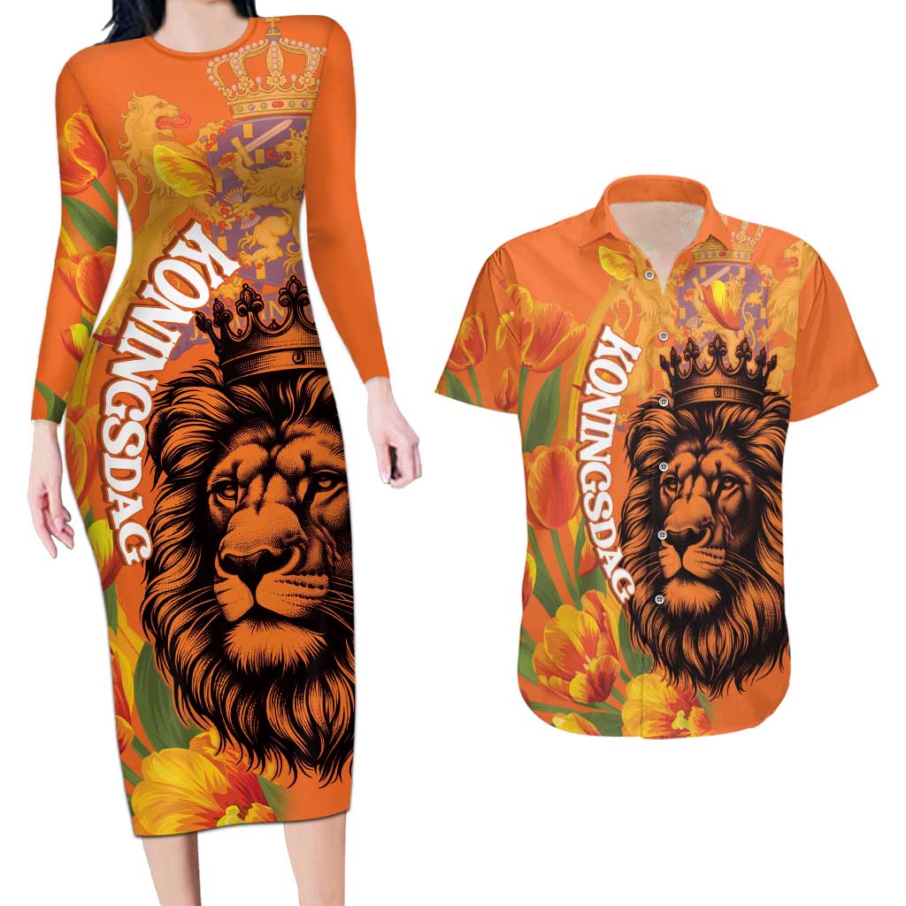 Nederland Fijne Koningsdag Couples Matching Long Sleeve Bodycon Dress and Hawaiian Shirt Netherlands Lion With Orange Tulips