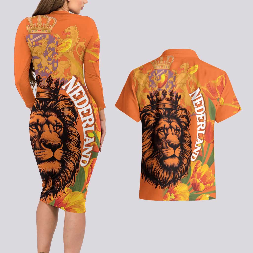 Nederland Fijne Koningsdag Couples Matching Long Sleeve Bodycon Dress and Hawaiian Shirt Netherlands Lion With Orange Tulips