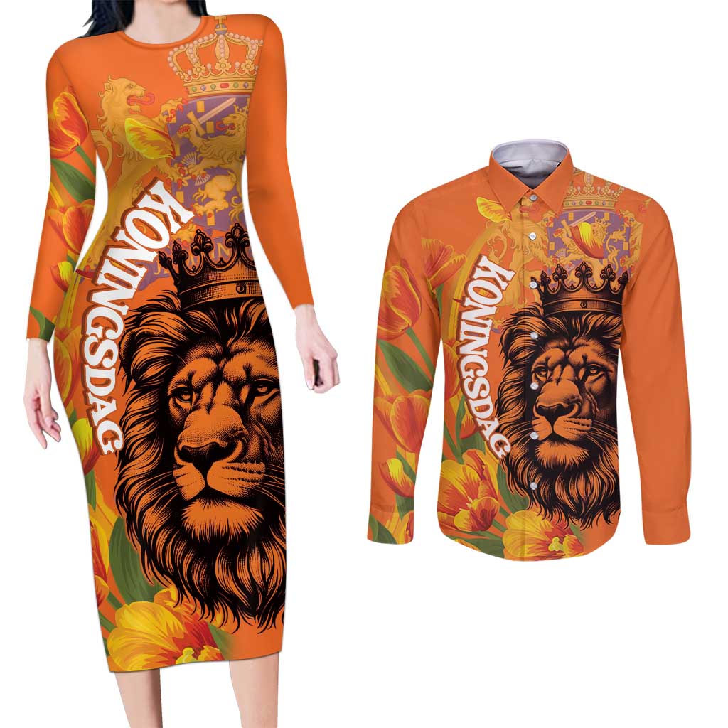 Nederland Fijne Koningsdag Couples Matching Long Sleeve Bodycon Dress and Long Sleeve Button Shirt Netherlands Lion With Orange Tulips