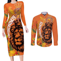 Nederland Fijne Koningsdag Couples Matching Long Sleeve Bodycon Dress and Long Sleeve Button Shirt Netherlands Lion With Orange Tulips