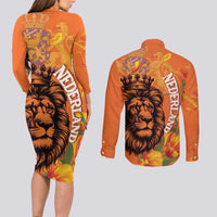 Nederland Fijne Koningsdag Couples Matching Long Sleeve Bodycon Dress and Long Sleeve Button Shirt Netherlands Lion With Orange Tulips