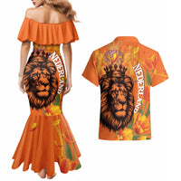 Nederland Fijne Koningsdag Couples Matching Mermaid Dress and Hawaiian Shirt Netherlands Lion With Orange Tulips